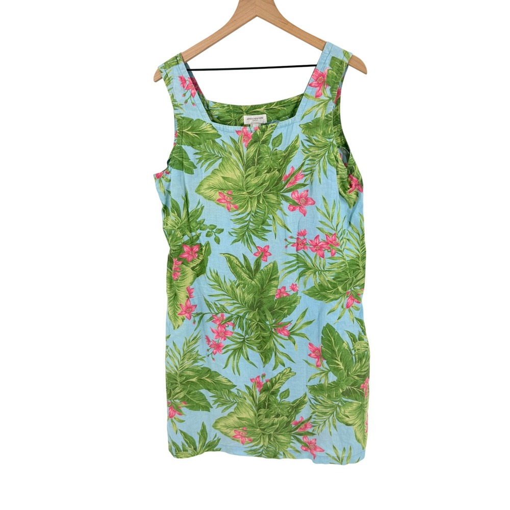 Vintage Jones New York Sport 100% Linen Tropical Dress Blue 12 Floral Vacation